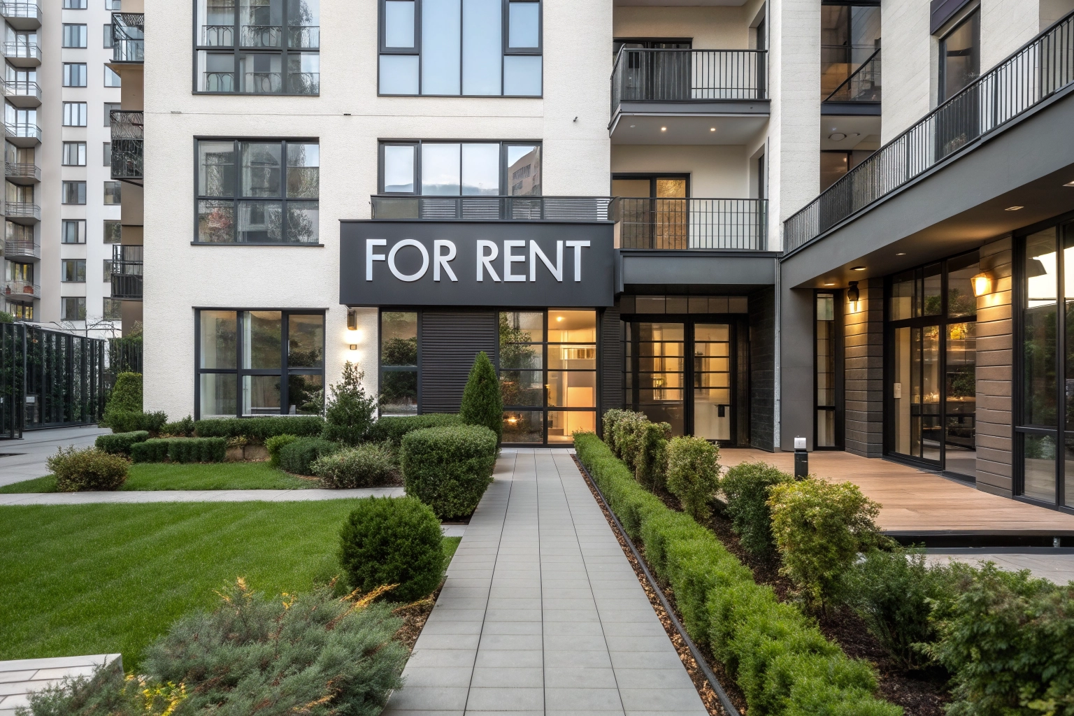 A modern apartment building exterior with a 'For Rent' banner and a clean, urban aesthetic.