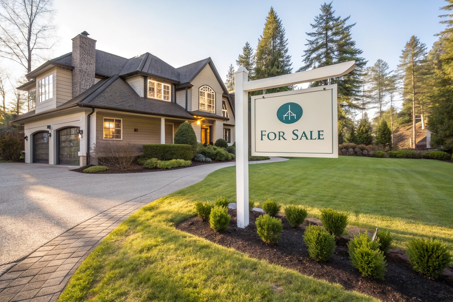 A high-quality 'For Sale' sign in front of a beautiful luxury suburban house with a manicured lawn.